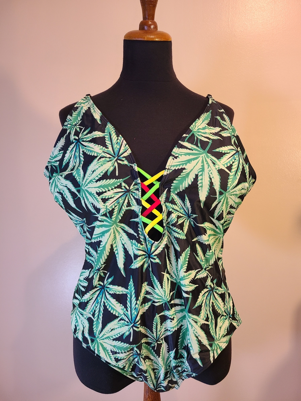 Tropical Leaf One-Piece Swimsuit with Neon Lace-Up Centre